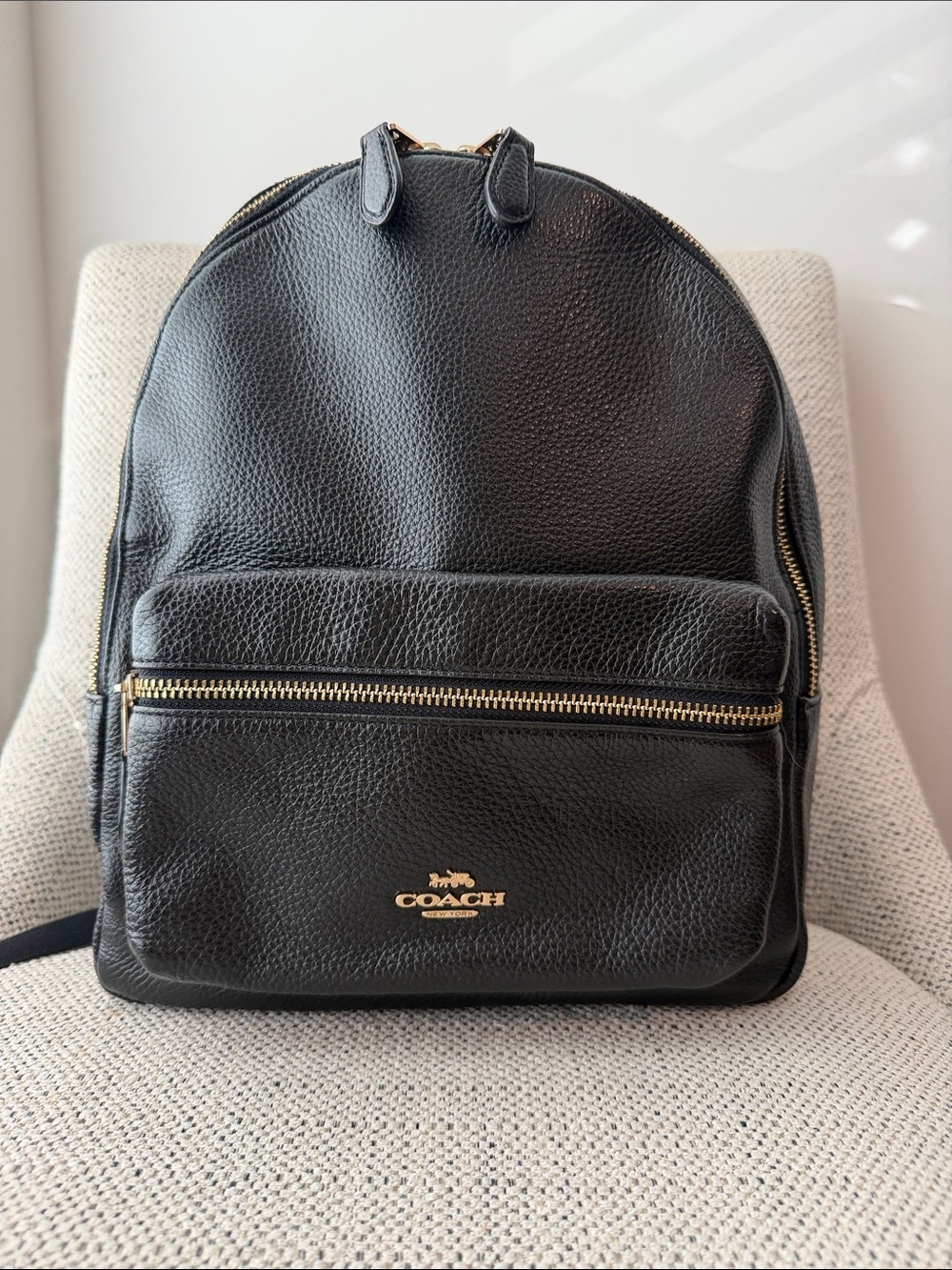 COACH Charlie Black Pebbled Leather Backpack with Gold Hardware